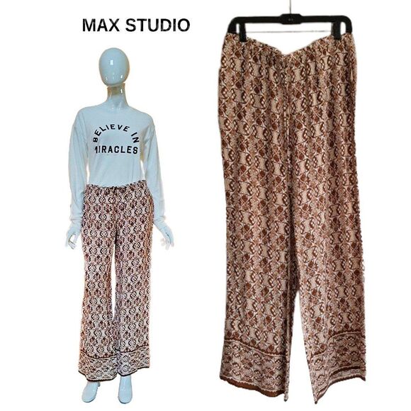 MAX STUDIO NEW Bohemian Medallion Drawstring Flowing Wide Leg Pant M - Picture 1 of 12